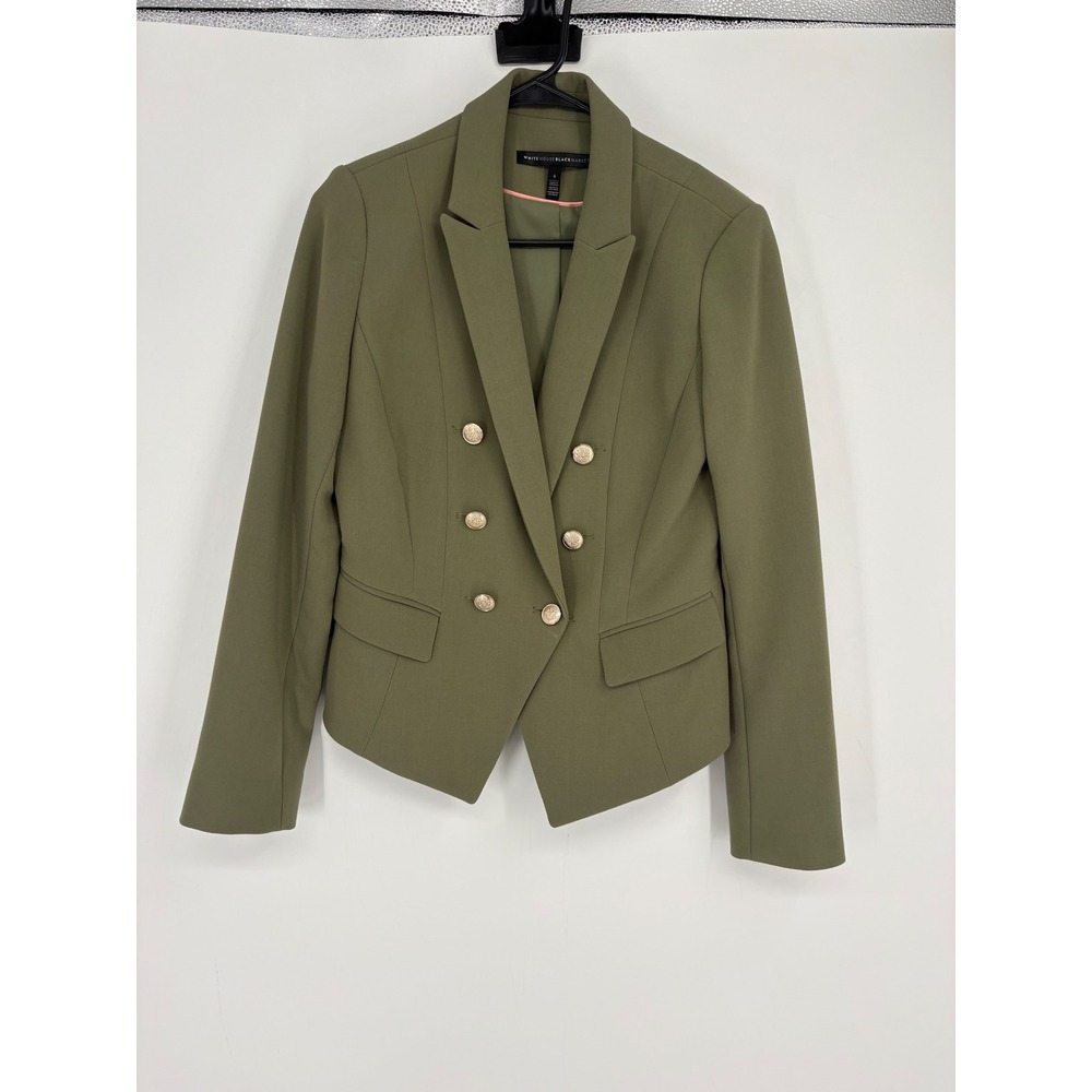 White House Black Market Blazer Womens 4 Green Double Breasted Gold Crest Button